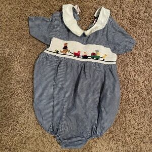 Silly Goose Hand Smocked Charming Blue Checkered Kids Bodysuit with Train Design